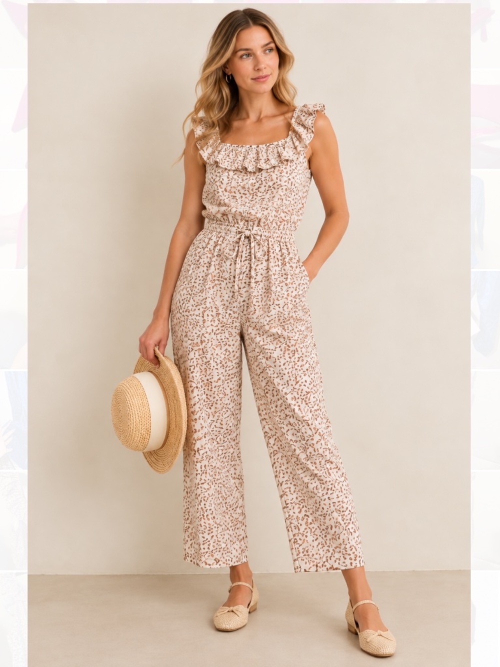 Gal Meets Glam Rue Floral Ruffle Wide Leg Jumpsuit Size 8
